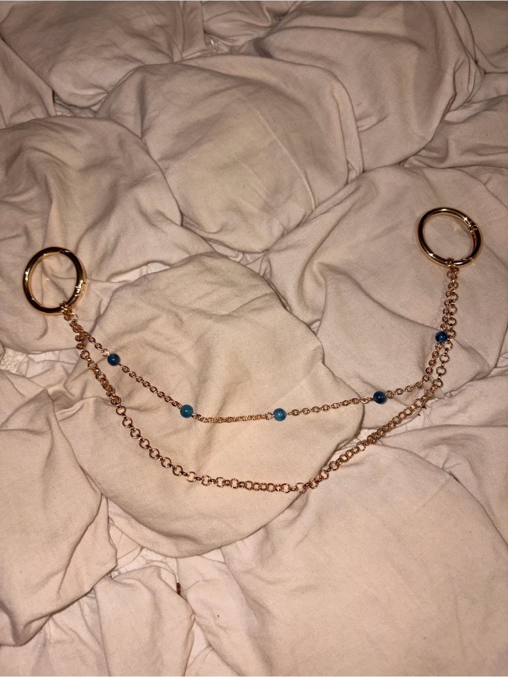 Gold Tone Double Chain Bag Strap Accessory with Blue Bead Accents